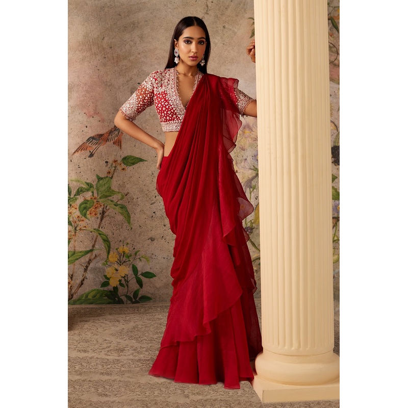 BELLE RUFFLE SAREE SET Red