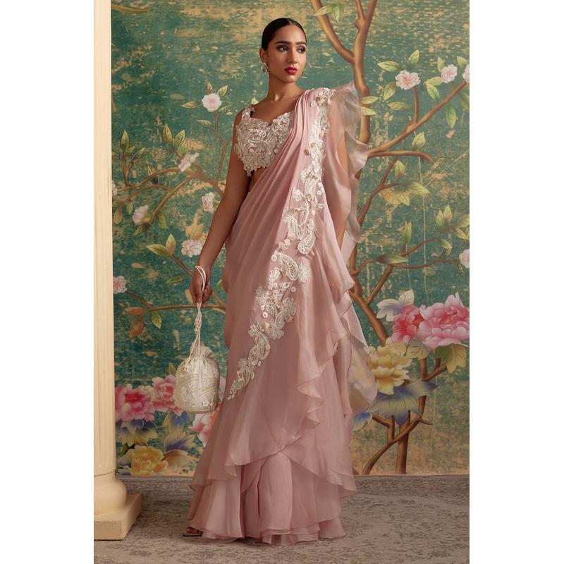Dainty Ruffle Saree Set-RTS Dusky Pink