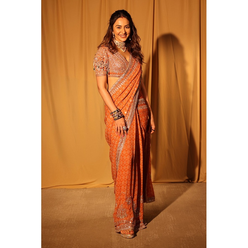 Rakul Preet Singh in Maheera Saree Set ORANGE PRINTED