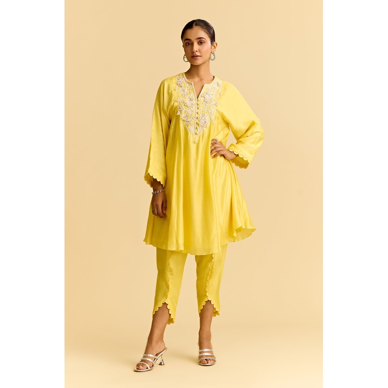 Yellow Silk Short Kurta With Tulip Pants