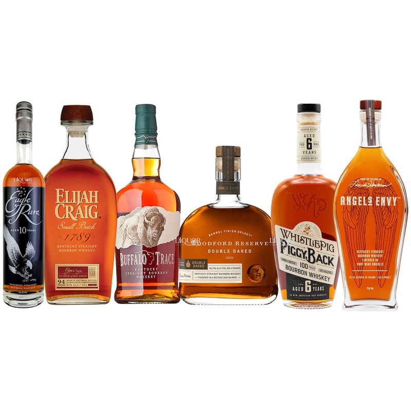 Eagle Rare, Elijah Craig Small Batch, Buffalo Trace, Woodford Reserve Double Oaked, WhistlePig PiggyBack Bourbon, & Angels Envy Straight Bourbon Whiskey Bundle