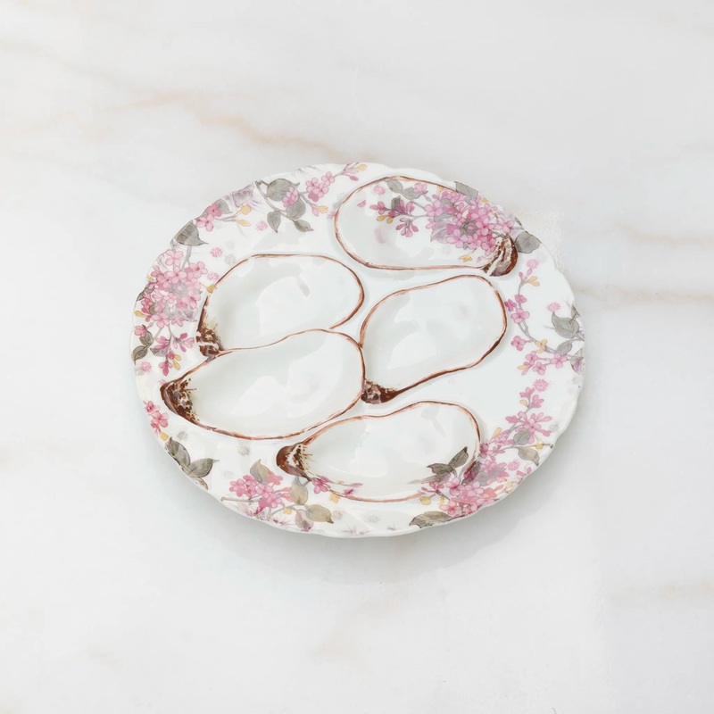 VINTAGE LIMOGES OYSTER PLATE 19TH CENTURY - PINK & GREEN FLORAL