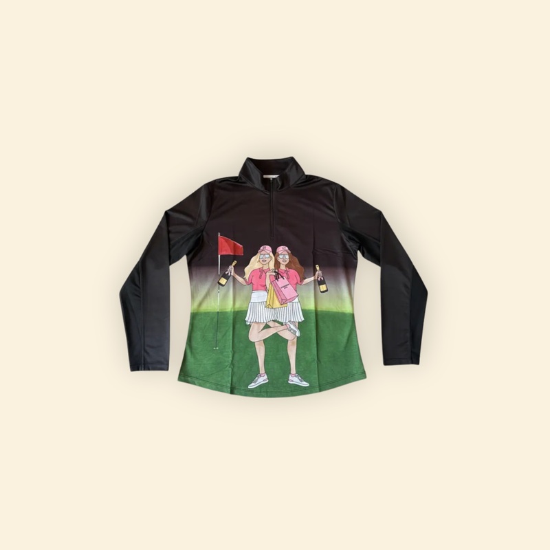 Two Girl Golf Shirt Long Sleeve - White/Multi and Black/Multi White