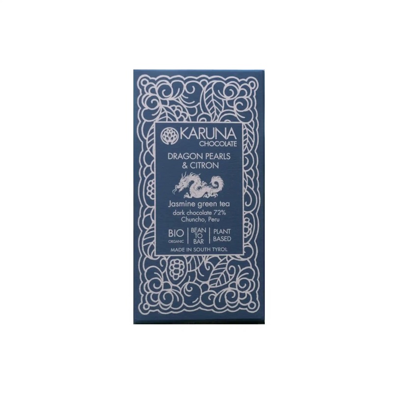 KARUNA PERU 72% DARK CHOCOLATE WITH DRAGON PEARLS & CITRON GREEN TEA 60g