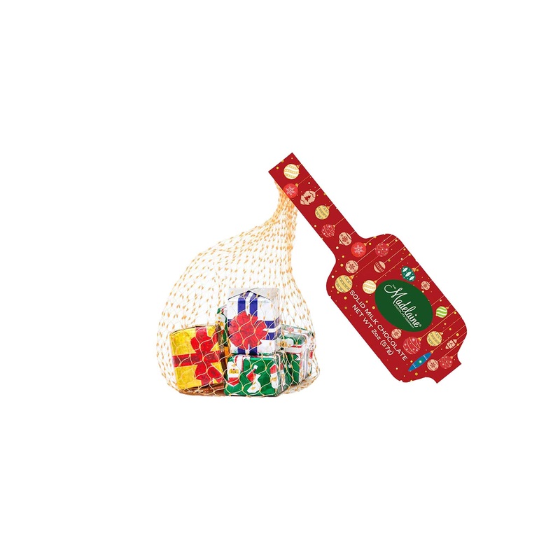 THE MADELAINE CHOCOLATE COMPANY SOLID MILK CHOCOLATE CHRISTMAS PRESENTS IN A MESH BAG 2oz