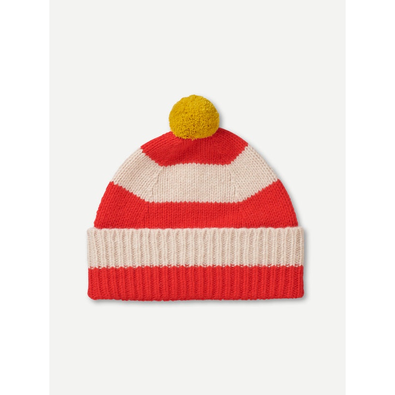STRIPE POMPOM HAT POPPY & OATMEAL STRIPE POMPOM HAT POPPY & OATMEAL