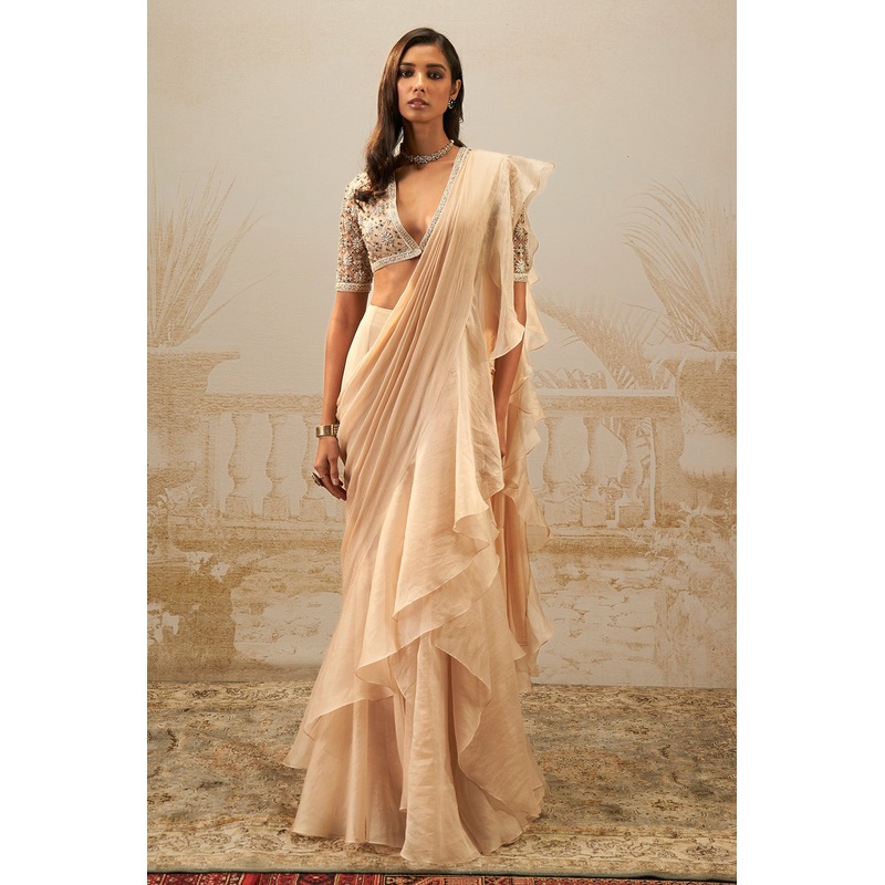 Sneh Ruffle Saree Set-RTS Beige