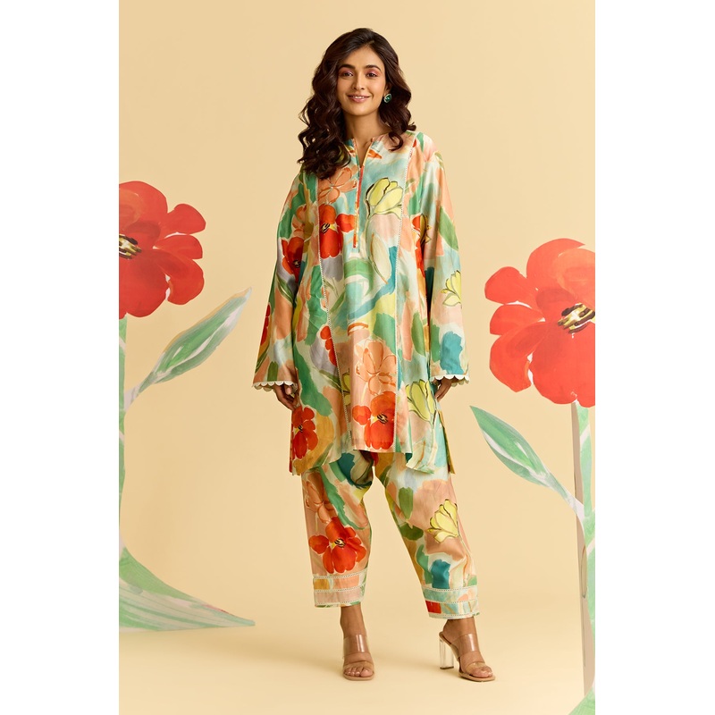 Floral Printed Chanderi Kurta Set