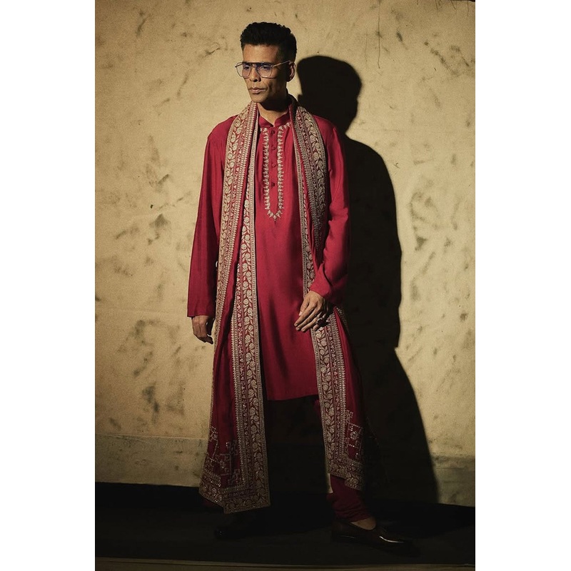Karan Johar In Belong Kurta Shawl Set RED