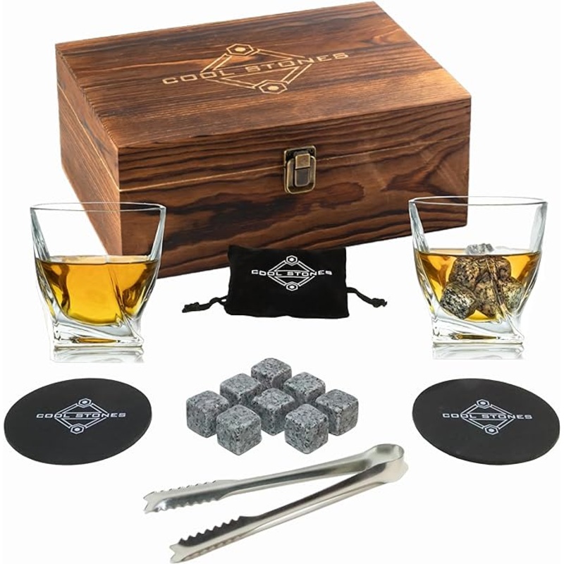Whiskey Gift Set in Wood Box, Set Whiskey Glasses, 8 Chilling Stones, Pouch, 2 Coasters & Tongs