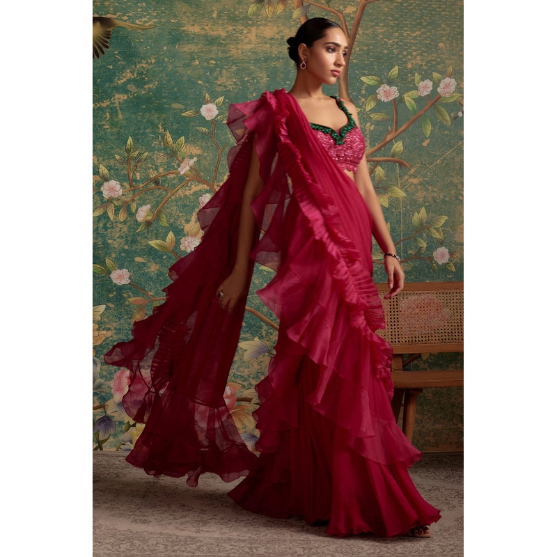 ALLURE RUFFLE SAREE SET Deep Fuschia