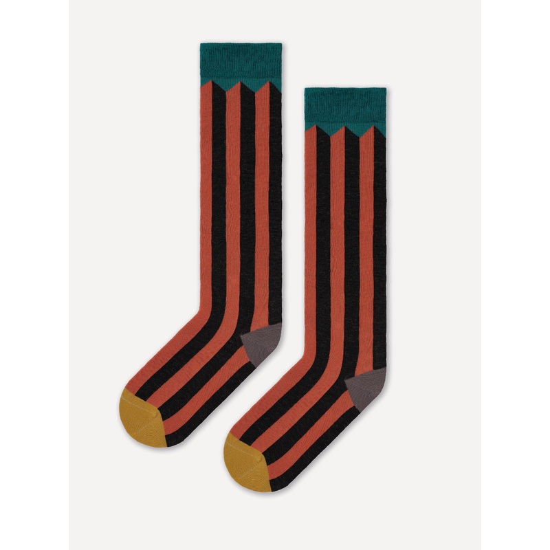 TWO COLOUR VERTICAL STRIPE BROWN KNEE SOCKS