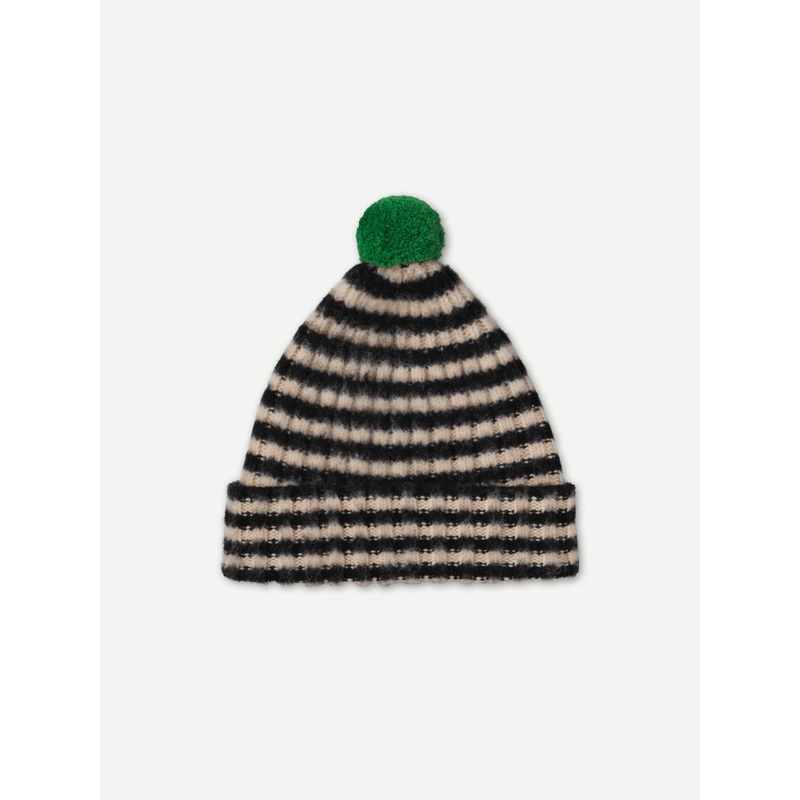 BRUSHED NARROW STRIPE HAT WITH CONTRAST POMPOM BLACK & OATMEAL BRUSHED NARROW STRIPE HAT WITH CONTRAST POMPOM BLACK & OATMEAL
