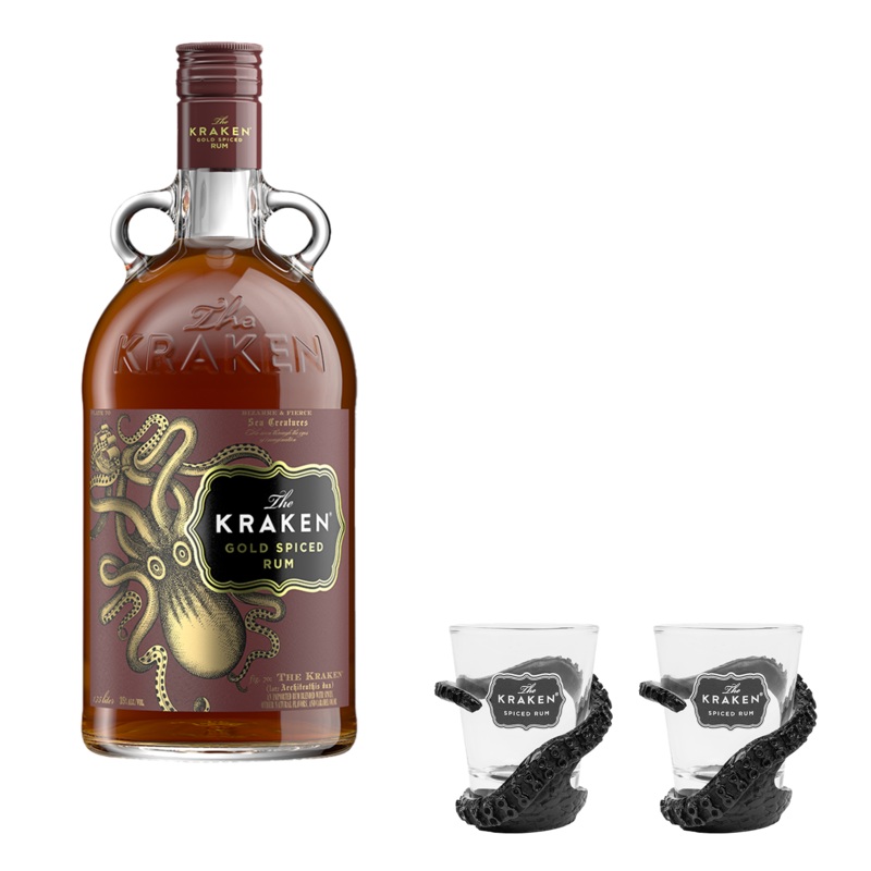 Kraken Gold Spiced Rum + 2 Shot Glasses Bundle