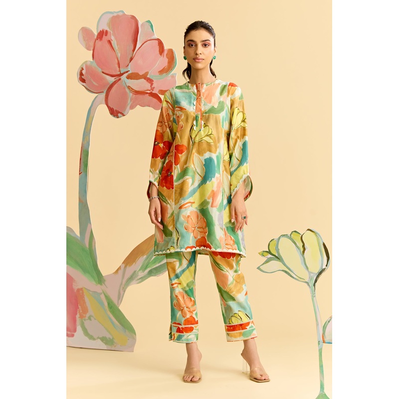 Floral Printed Chanderi Kurta With Pants