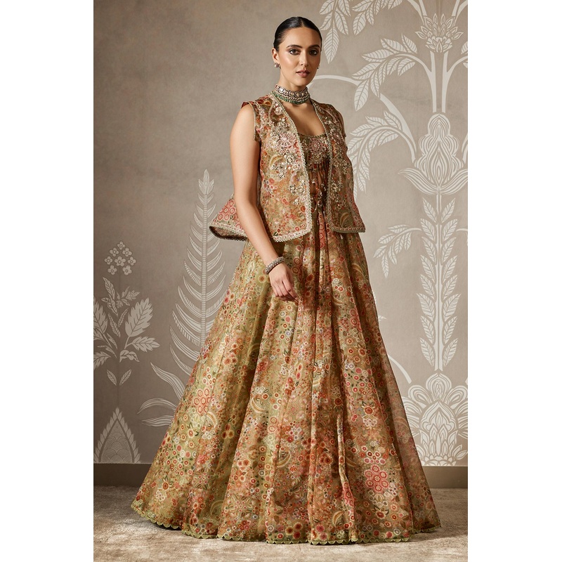 Zaral Lehenga Set Olive Green Print