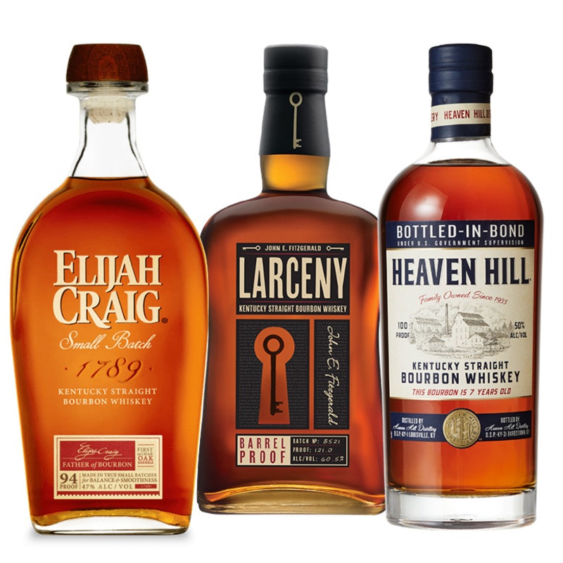 Elijah Craig Small Batch + Larceny Barrel Proof B521 + Heaven Hill 7 Year Bottled In Bond