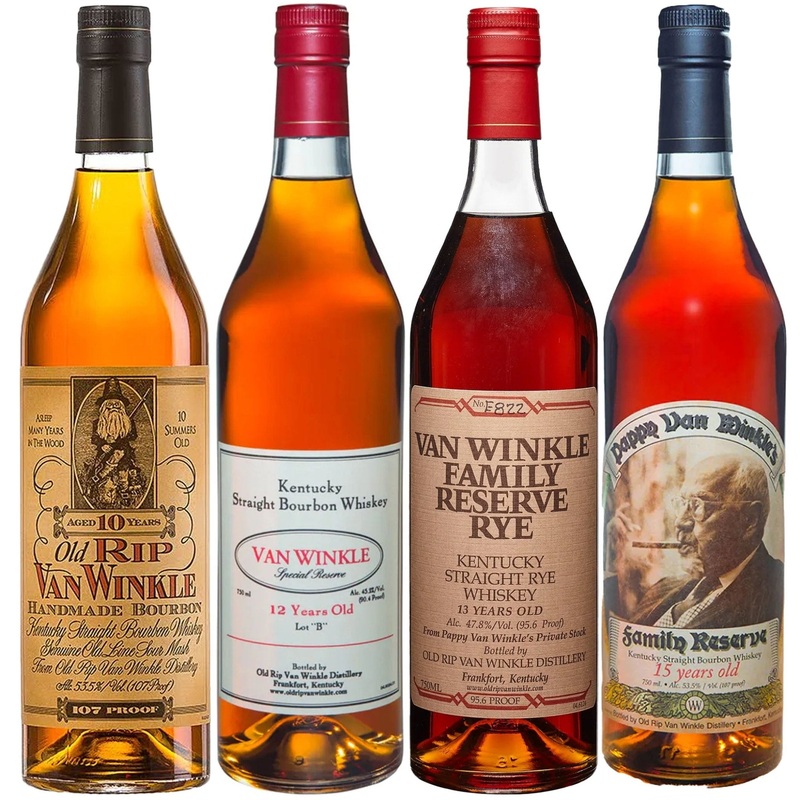 Old Rip Van Winkle 10 Year, Lot B 12 Year, Family Reserve 13, & 15 Year Whiskey Bundle