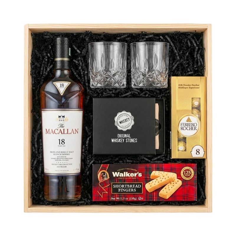 The Macallan 18 Year Double Cask Scotch Gift Crate Whisky, Glasses, Whiskey Stones & Gourmet Treats