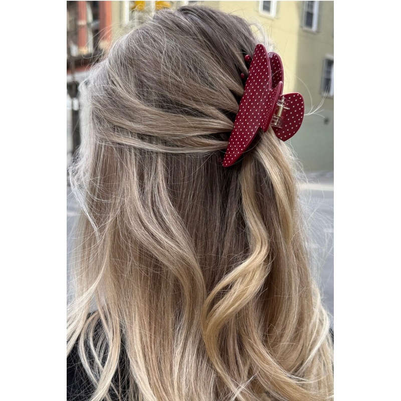 Hair Claw Clip Burgundy with White Polka Dots