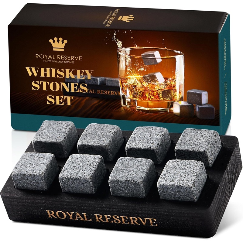Whiskey Stones Gift Set 8 Granite Chilling Rocks with Wooden Tray