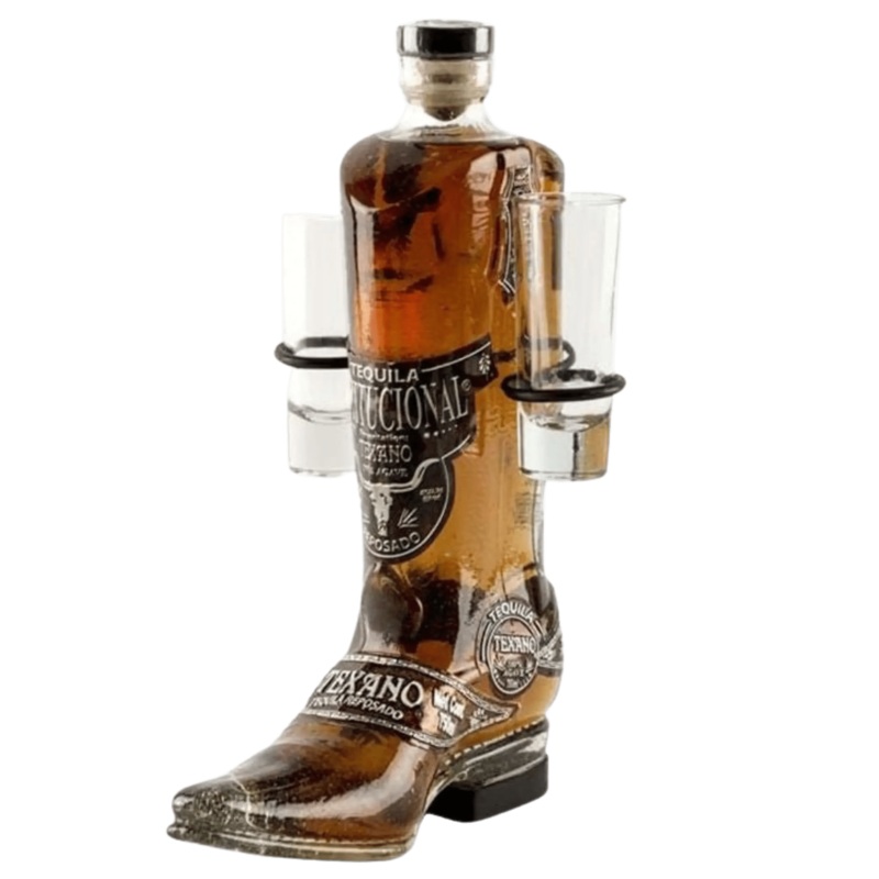 Texano Gold Tequila Boot with Shot Glasses 750ml