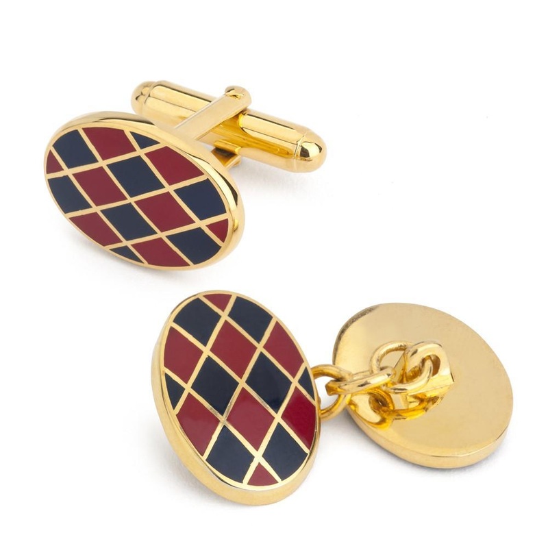 Oval Enamel Red/Navy Check Cufflinks | Benson and Clegg London