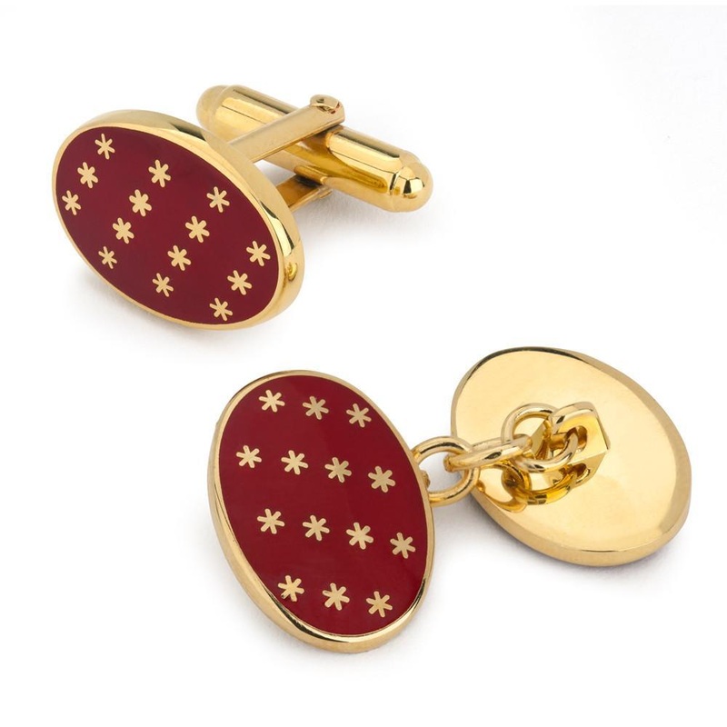 Star Cuff Links | Oval Enamel Star T-Bar Cufflinks | Red and Gold Stars | Benson and Clegg | Made in England