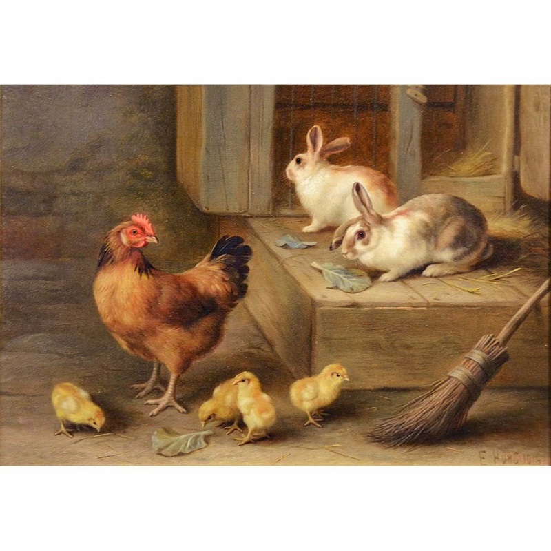 Antique Oil Painting | Chickens and Rabbits by a Hutch by Edgar Hunt | 15-1/2 by 18-1/2 Inches