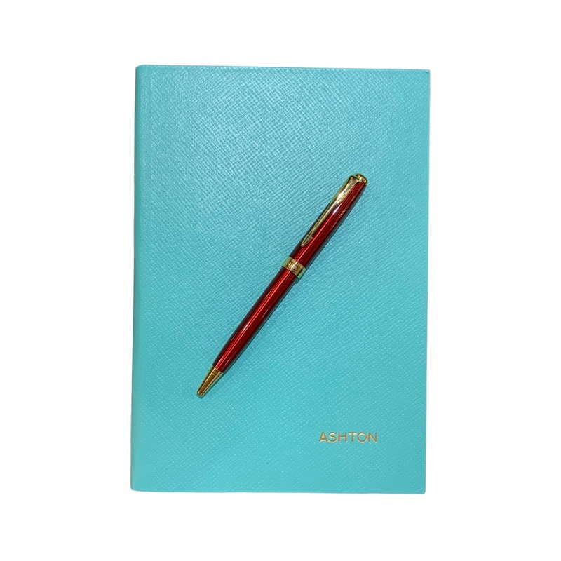 Crossgrain Leather Notebook | 8 by 6 Inches | Name Gold Embossed | Lined Pages | Made in England | Charing Cross Aqua Crossgrain