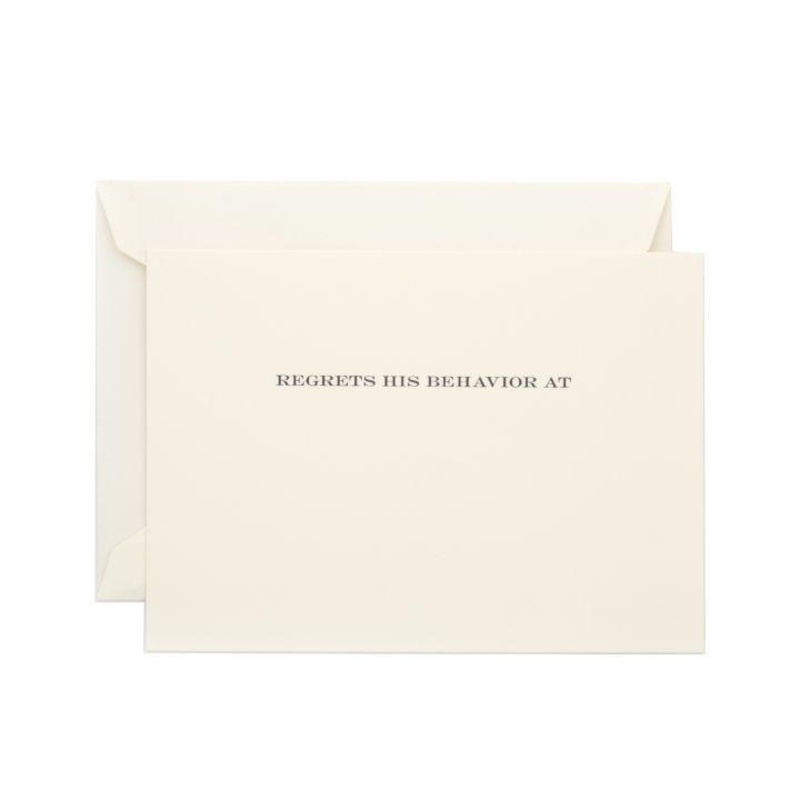 "Regrets His Behavior At" | Regret Behavior Cards | Engraved Card Stationery | Set of 3