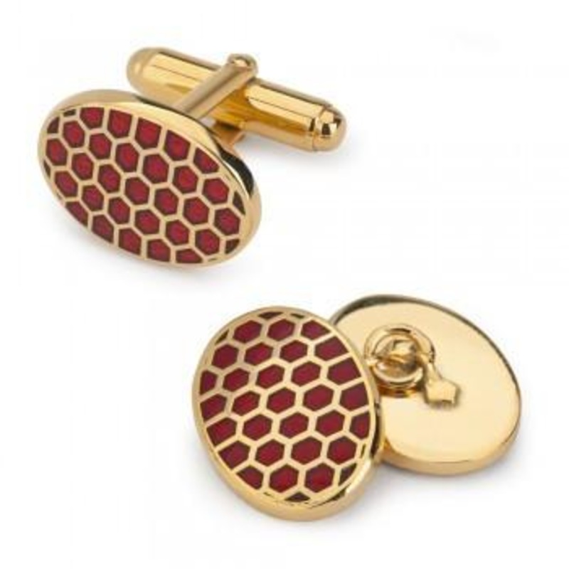 Oval Enamel Honeycomb T-Bar Cufflinks | Red | Made in England | Benson and Clegg London