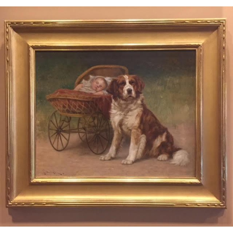 Antique Oil Painting | Dog with Baby Painting | A Watchful Eye by John Henry Dolph | 23 3/16" x 27 3/16"