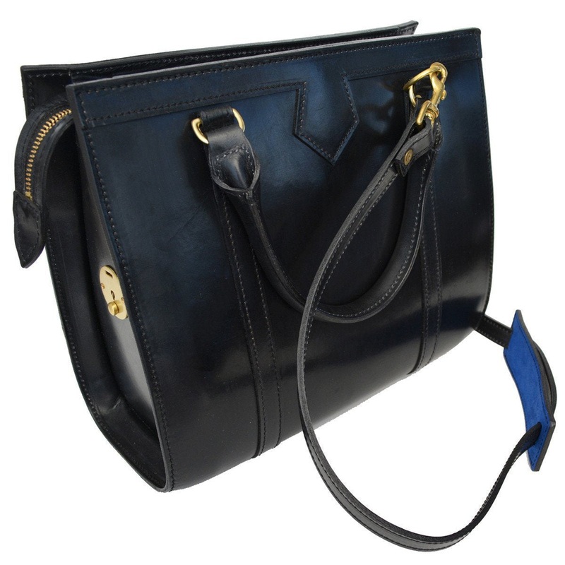 Bespoke Classic Beatrice Bag | IRIA Style: Black & Cobalt | Hand Stitched | Black English Bridle | Cobalt Suede Lining | Brass Fittings & Key Lock | 12 Inches