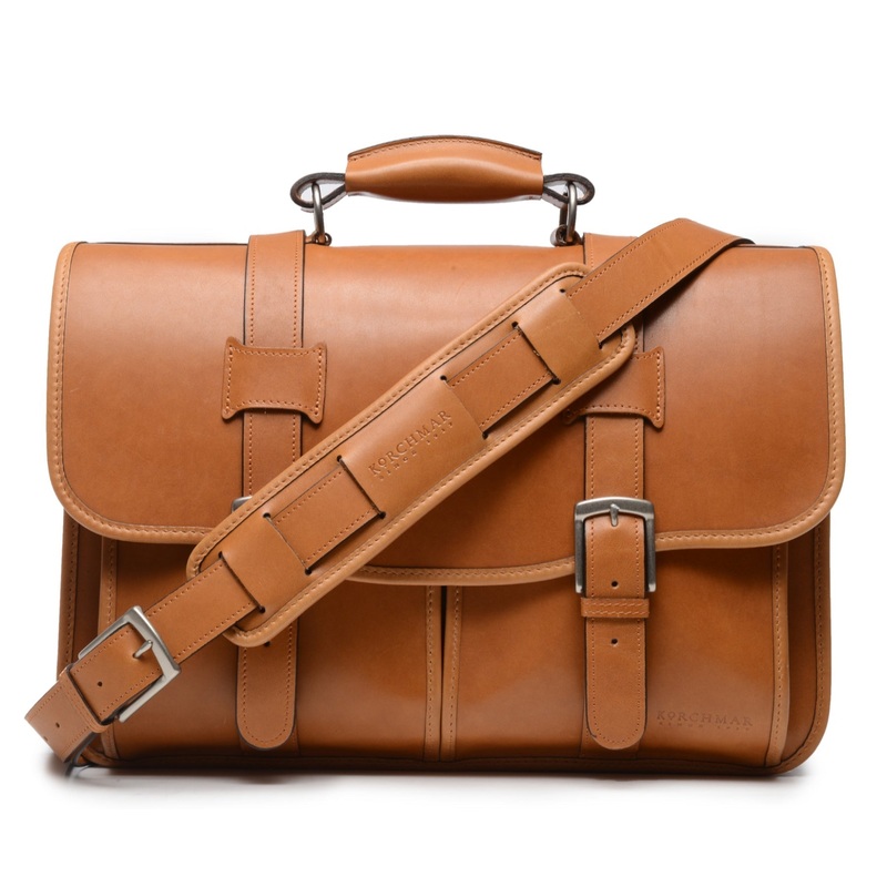Garfield Leather Brief Case | Flap Over Computer Bag in Tan Leather | Initials and Gift Wrap | Korchmar Leather |