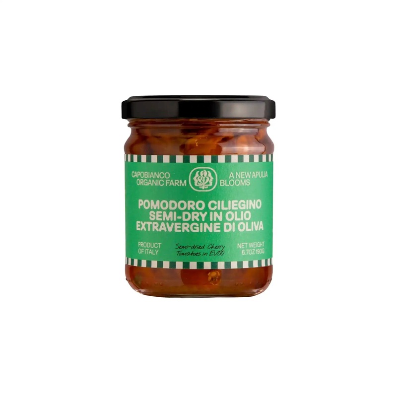 CAPOBIANCO ORGANIC SEMI DRIED CHERRY TOMATOES IN EXTRA VIRGIN OLIVE OIL 190g