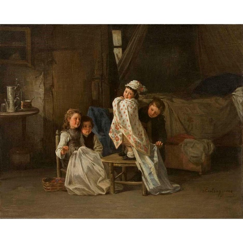 Antique Oil Painting | Enfants Jouant by Charles D'entraygues | 18 5/8" x 22 1/8"