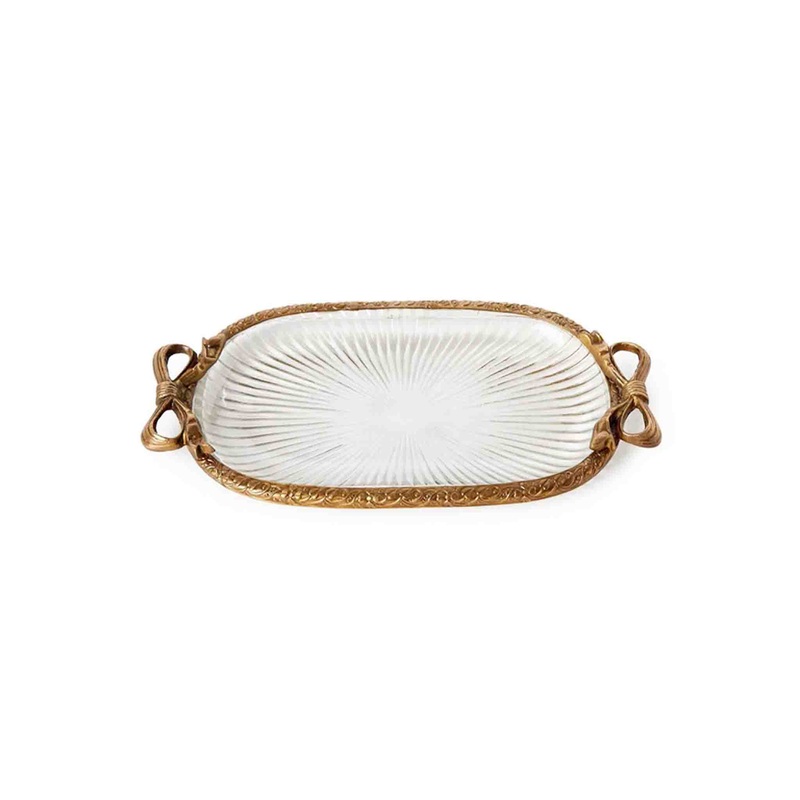 TWO'S COMPANY ANTIQUE GOLD DESK TRAY WITH BOW ACCENT