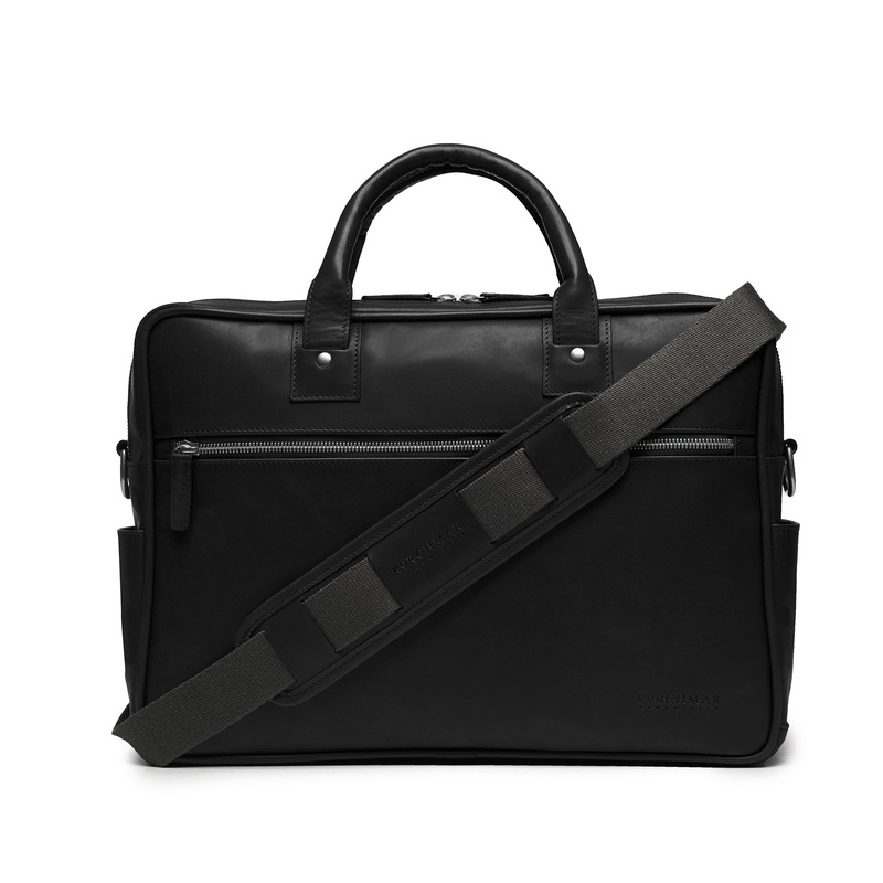 Redford Leather Brief Bag | 16" Zipper Briefcase | Initials Available | Korchmar Leather | Black with Nickle Zipper
