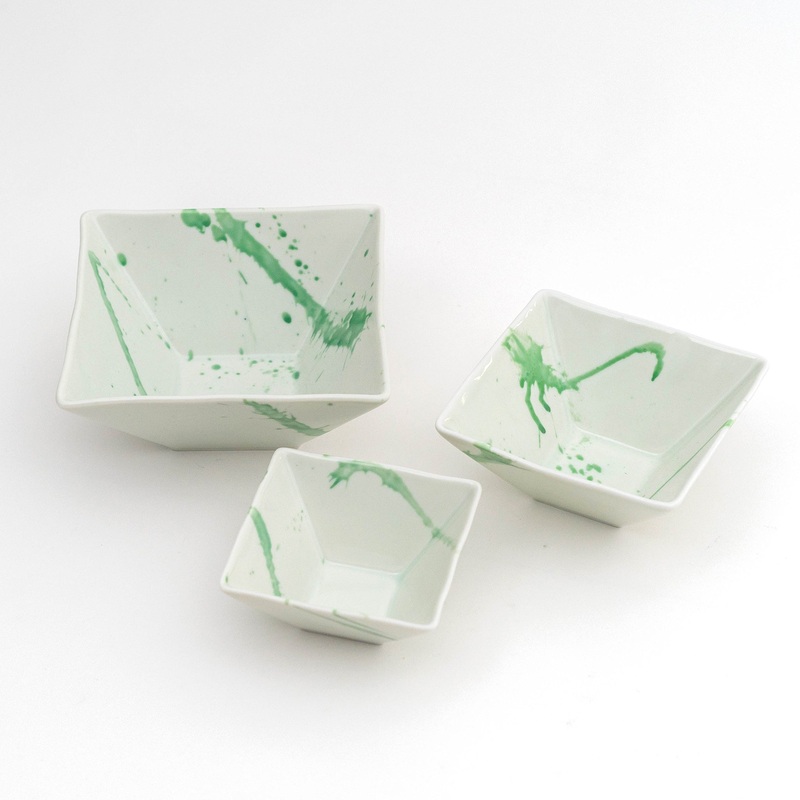 Japanese Mino Ware Porcelain Square Bowl Green Brushstroke Serving Bowl Made in Japan