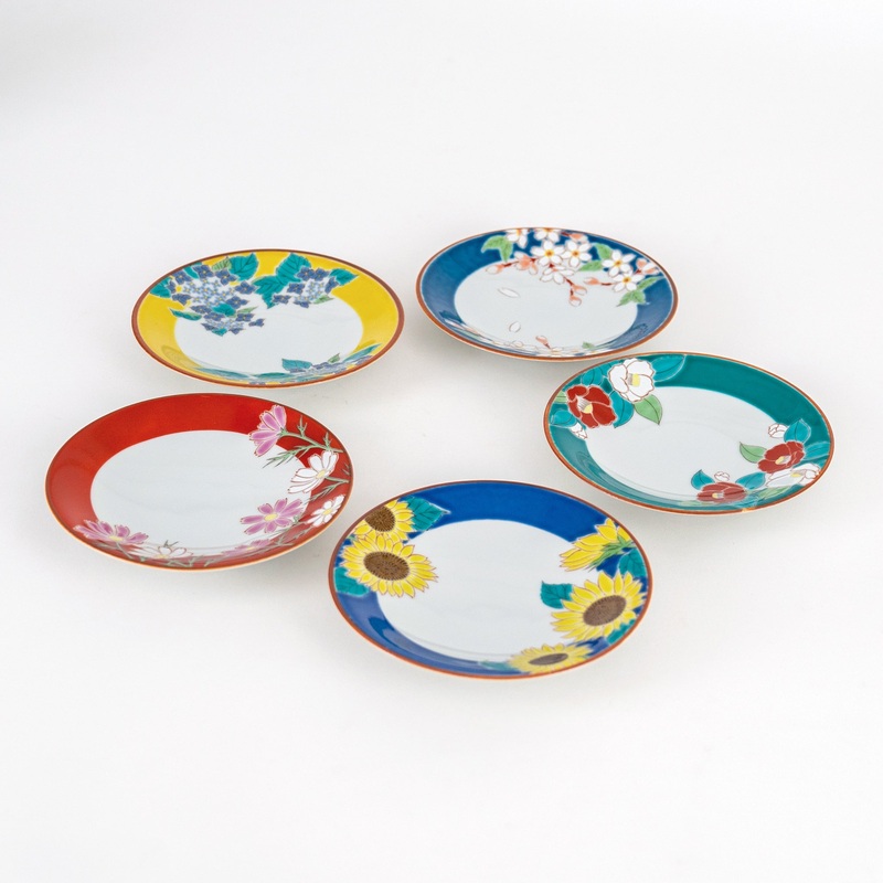 Kutani Yaki Handmade Four Seasons Flower Small Plate Gift Set 5Pcs