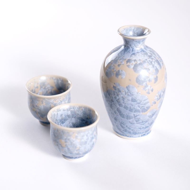 Kiyomizu Yaki Handmade Floral Crystal Sake bottle and Cups Gift Set