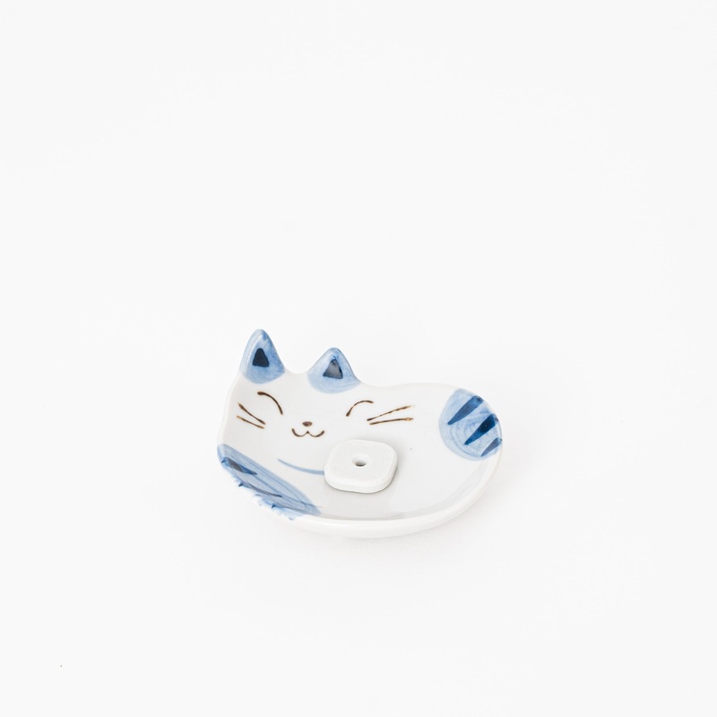 Blue Japanese Ceramic Cat Incense Holder