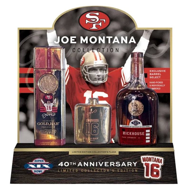 49ers Gold Bar Whiskey Joe Montana Super Bowl XIX 40th Anniversary Set