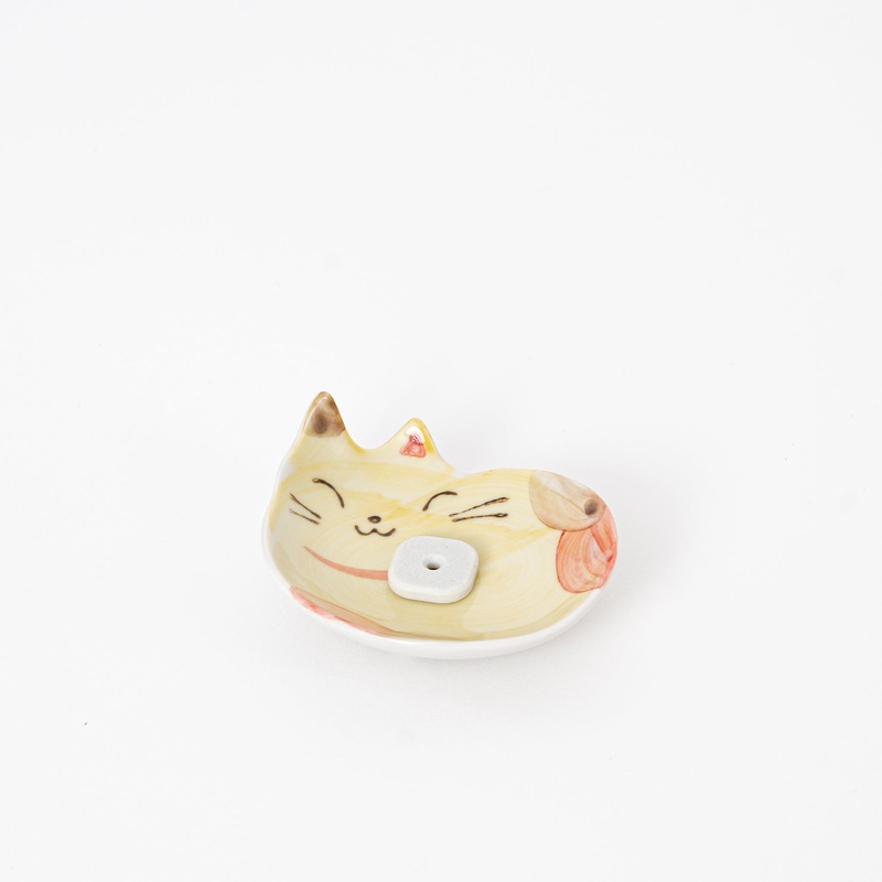Yellow Japanese Ceramic Cat Incense Holder