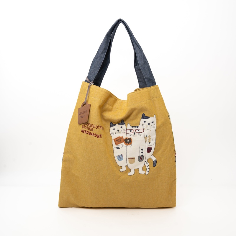 Nekomaruke Cat Embroidered Canvas Tote Bag Mustard Yellow