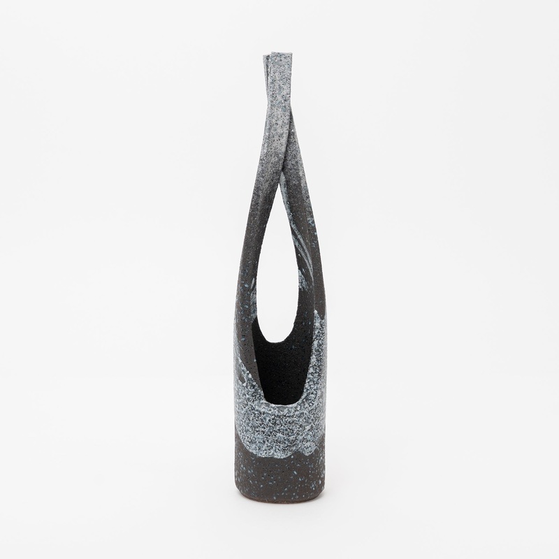 Handmade Shigaraki Twisted Ikebana Vase | Black Clay & Snow Glaze