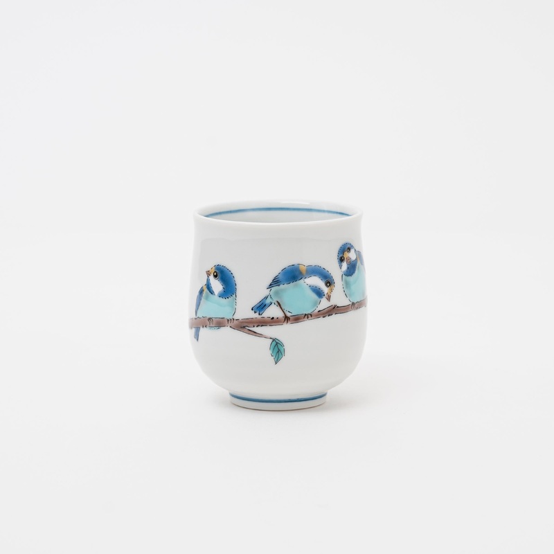 Kutani Ware Tea Cup: Hand-Painted Blue Birds Yunomi