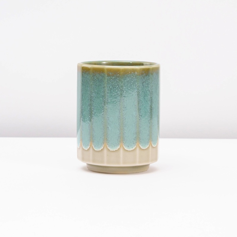 Mino Ware Japanese Tea Cup with Beige with Light Green Wave-Like Rim