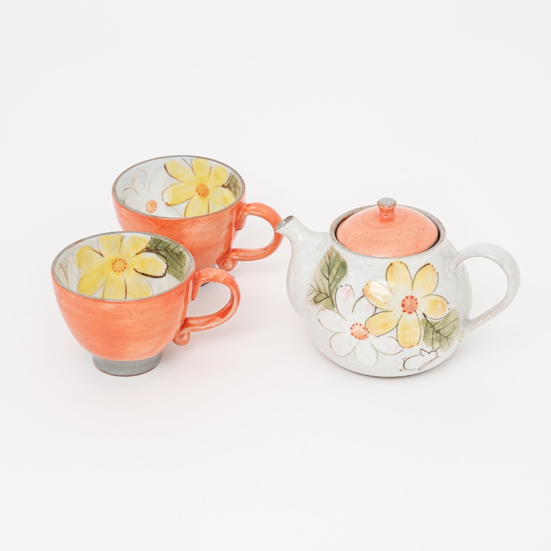 Handmade Seto Ware Floral Teapot and Cups